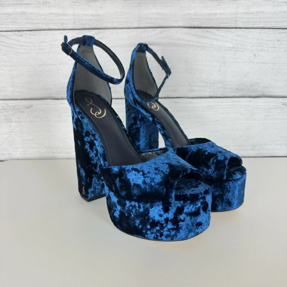 Sam Edelman Kori Platform Heels‎ Blue Velvet Ankle Strap Open Toe Size 7 Bratz